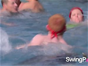 crazy redheads play with different without bra chicks by the pool