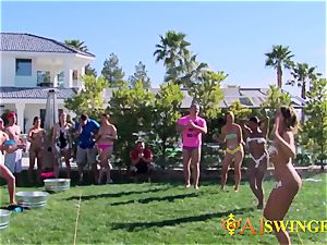 Hannah and JJ have fun around with insatiable swingers in the backyard
